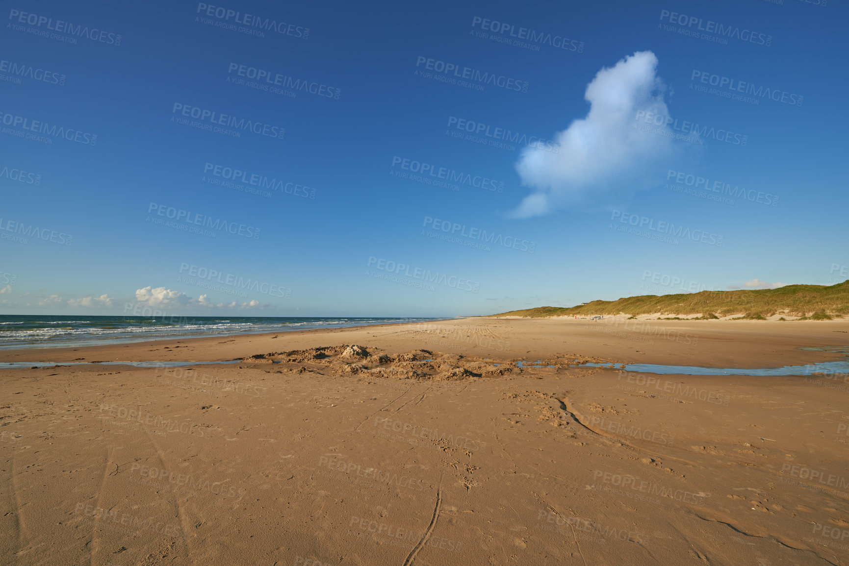 Buy stock photo Ocean, beach and blue sky for travel, holiday destination and location for summer vacation trip. Sea water, sand and landscape for tourism, adventure and waves in horizon with mockup space in Bali