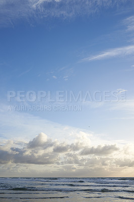 Buy stock photo Clouds, blue sky and calm beach with waves, nature and tropical holiday environment for travel getaway. Sea water, climate and ocean horizon with natural coastline for island vacation in Indonesia