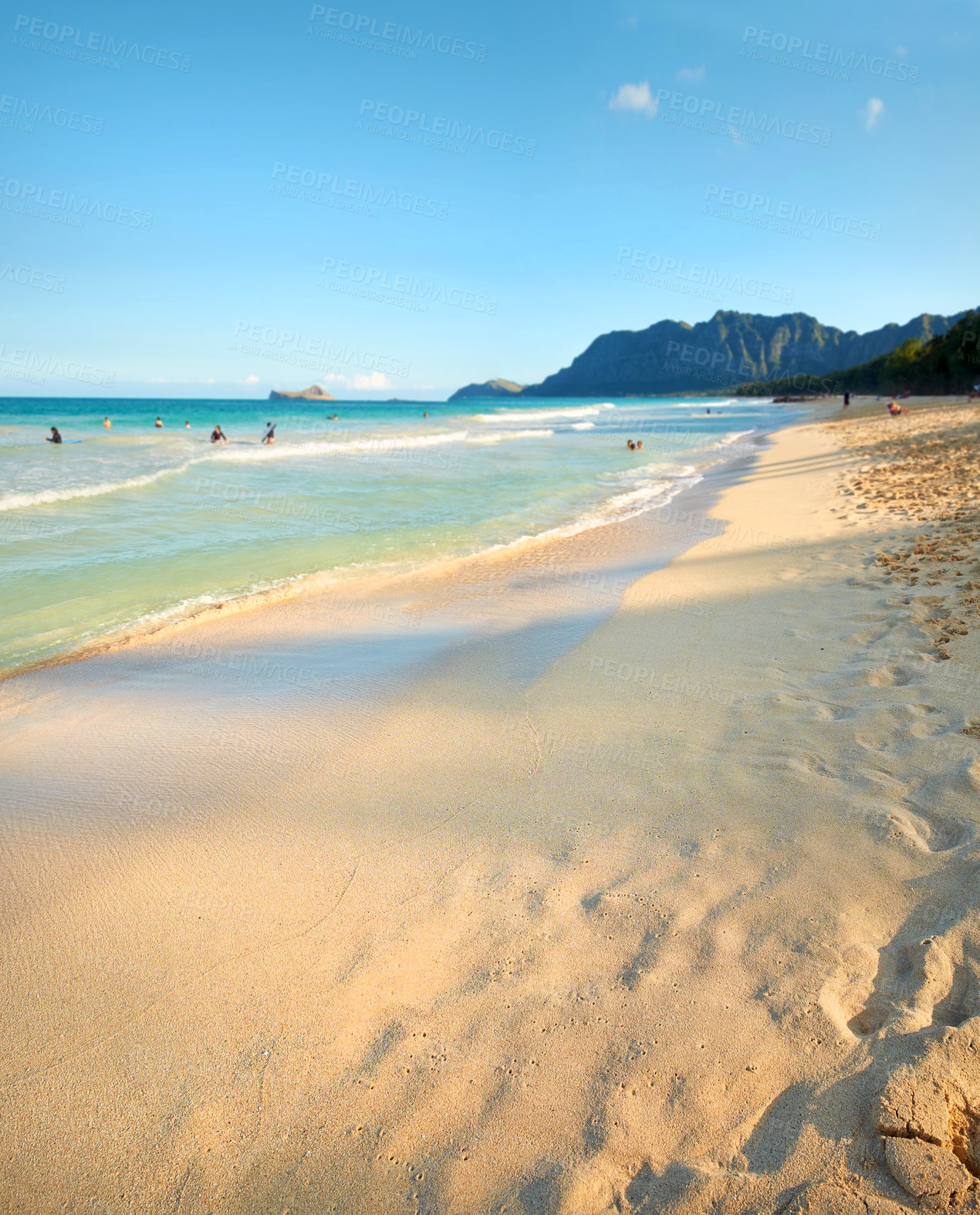 Buy stock photo Island, blue sky and sand on beach with holiday adventure, mountain and tropical weekend getaway in nature. Water, sea and ocean travel with natural coastline for outdoor summer vacation in Indonesia