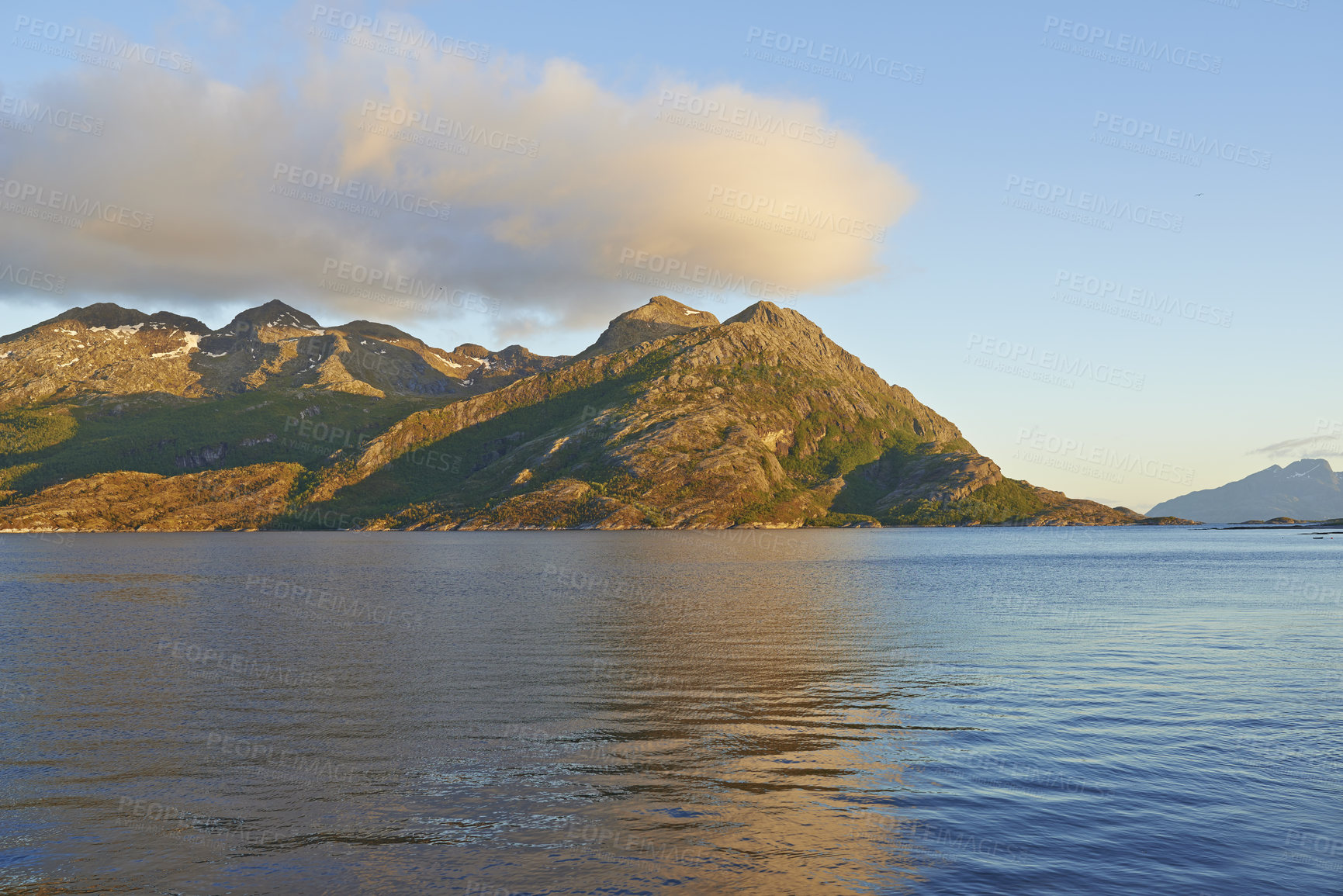 Buy stock photo Mountain, sky and calm ocean with clouds, reflection and tropical holiday environment for travel getaway in nature. Sea, water and peace in nature, inspiration and island vacation in Indonesia