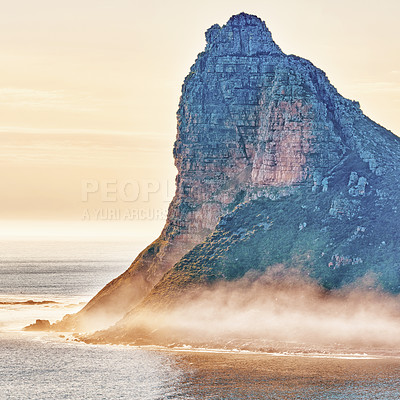 Buy stock photo Mountain, tropical and sea with mist, fog and destination for travel getaway by ocean in nature. Chapmans peak, island site and beach with scenic paradise, holiday and vacation adventure in Cape Town