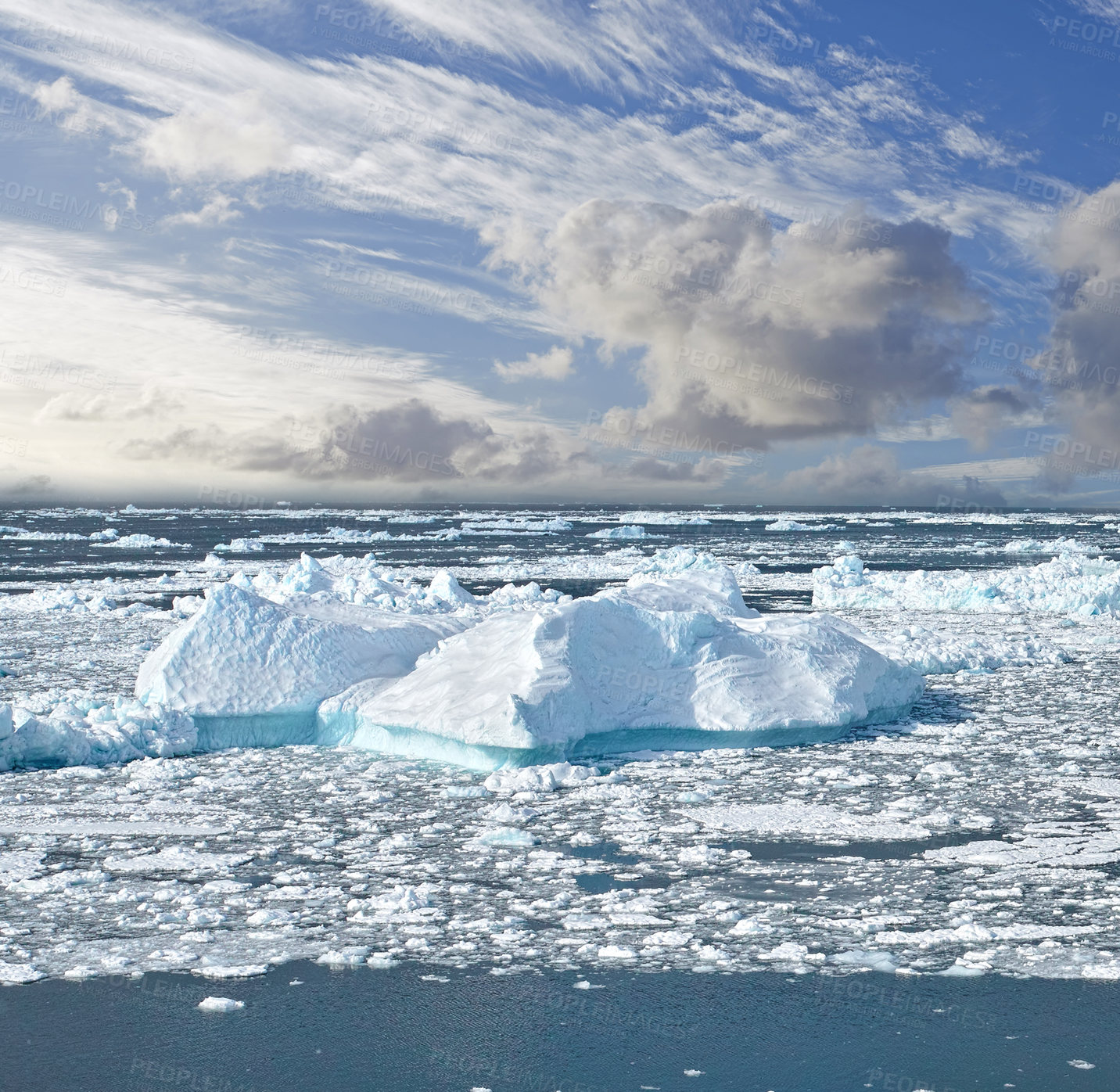 Buy stock photo Iceberg, water and ocean with clouds in sky, natural morning environment and climate change in Arctic Circle. Global warming, inspiration in nature and melting ice caps floating in sea in Greenland.