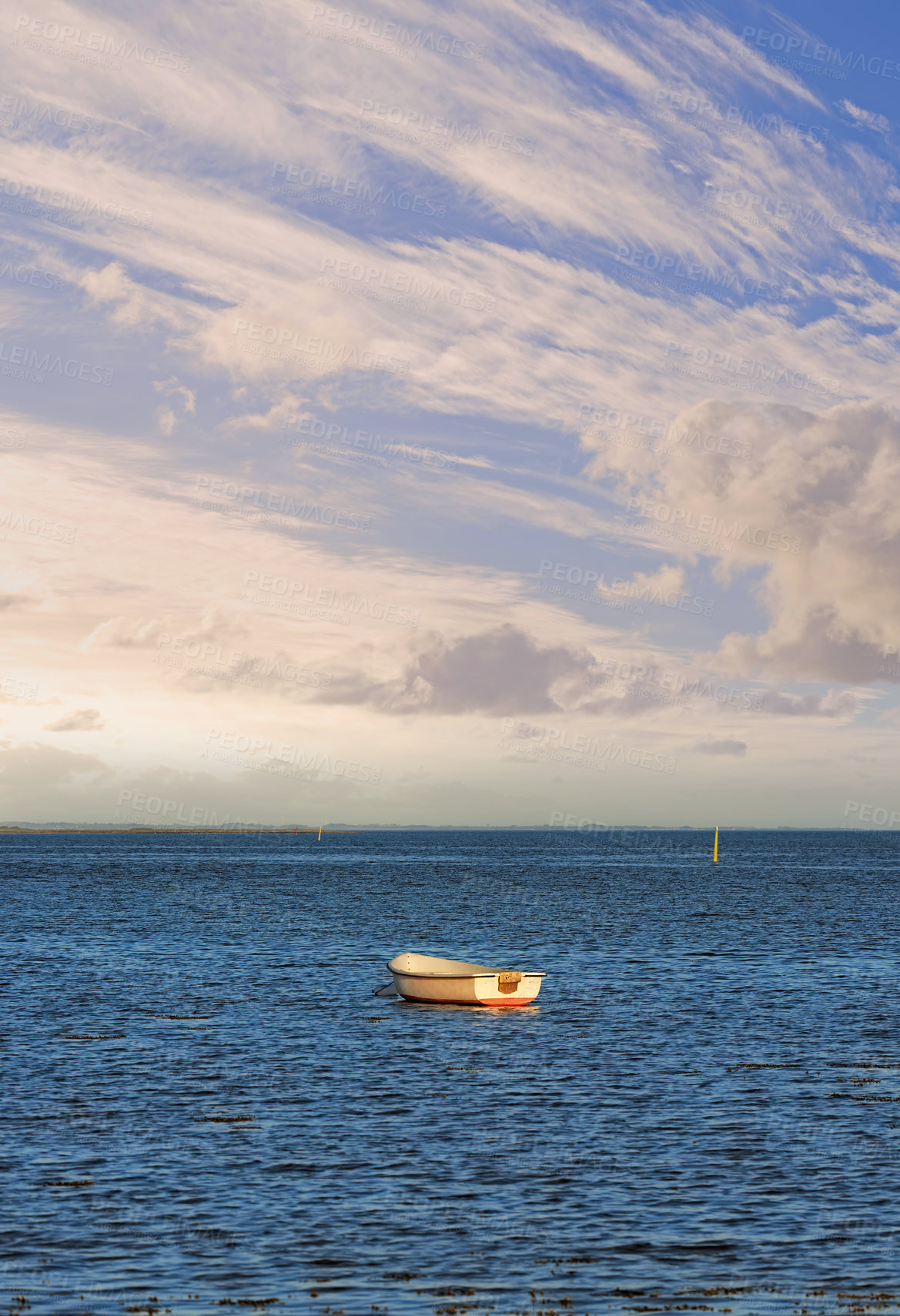 Buy stock photo Background, boat and travel for seascape, ocean or view on coast for adventure, nature and skyline. Location, earth and water as environment for vacation, holiday or destination as outdoor or tourism