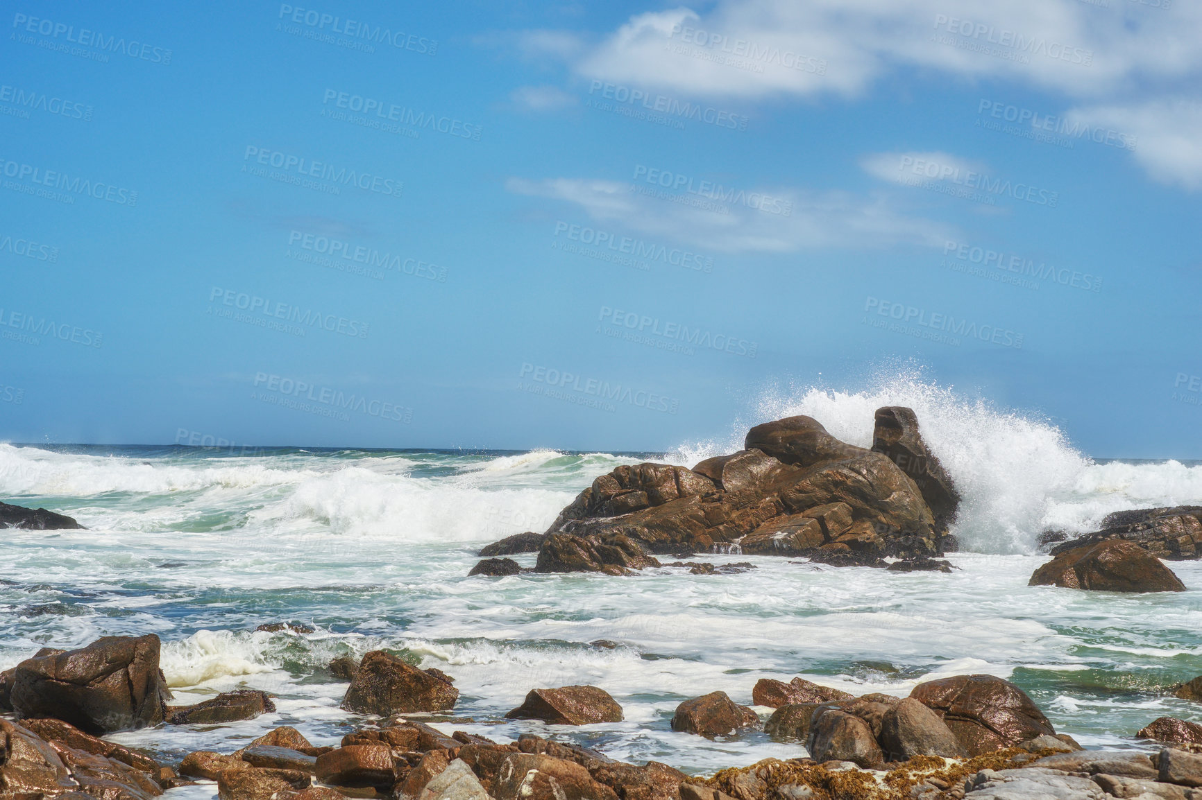 Buy stock photo Outdoor, splash and ocean with rocks, waves and destination for travel getaway at sea. Island tourism, outside and beach with scenic nature or water for paradise or vacation adventure in Indonesia