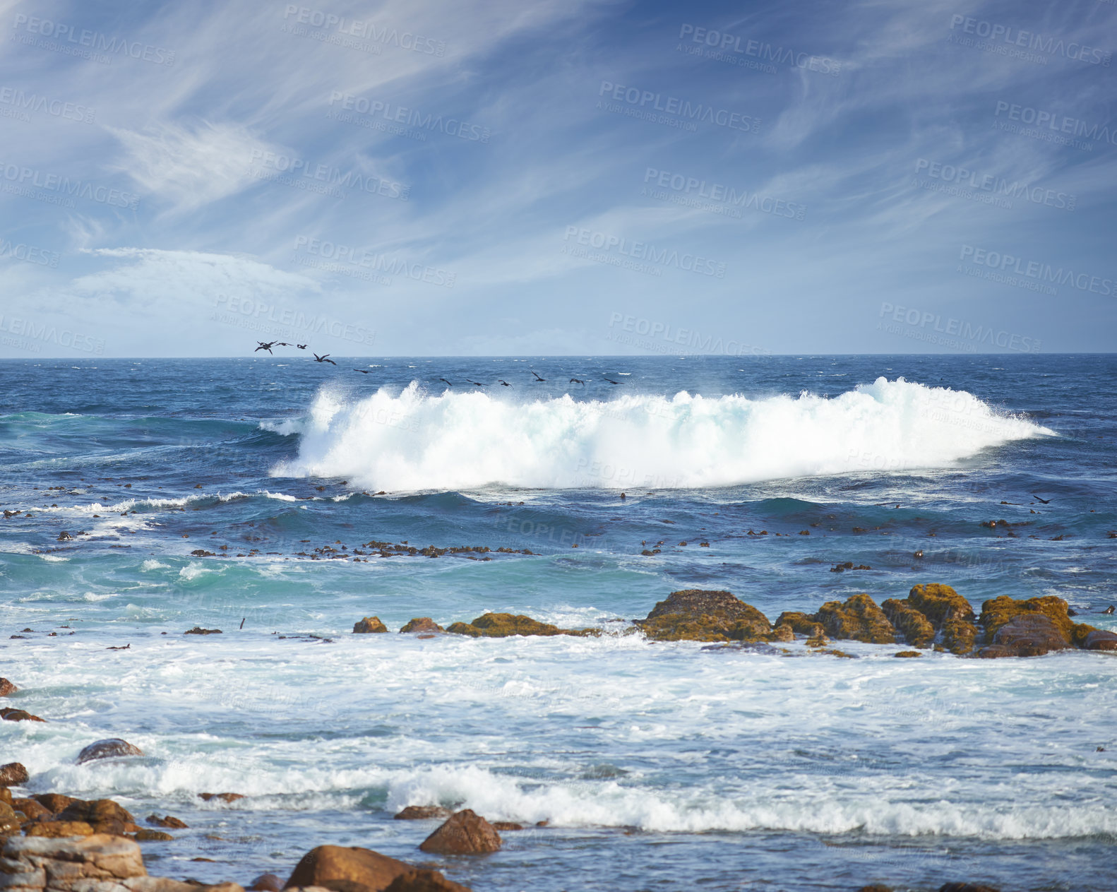 Buy stock photo Waves, blue sky and beach with rocks, clouds and tropical holiday environment for travel getaway in nature. Water, splash and ocean horizon with natural coastline for island vacation in Australia