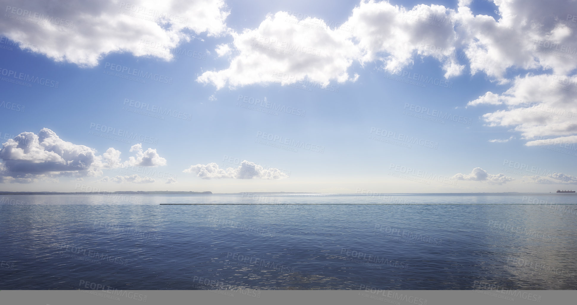 Buy stock photo Clouds, blue sky and calm beach with tropical environment, climate change and reflection in nature. Ocean, sea water and morning horizon with natural island, summer weather and coast in Australia