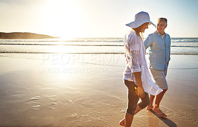 Buy stock photo Couple, walking and beach for vacation on island or coast for getaway, travel and holiday in Bali. Happy woman, man and relationship for love or marriage anniversary by ocean at sunset in Indonesia