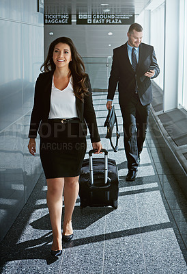 Buy stock photo Walking, journey or business people in airport with suitcase, luggage or baggage for a global trip. Smile, happy woman or corporate workers in lobby for travel or transport on international flight