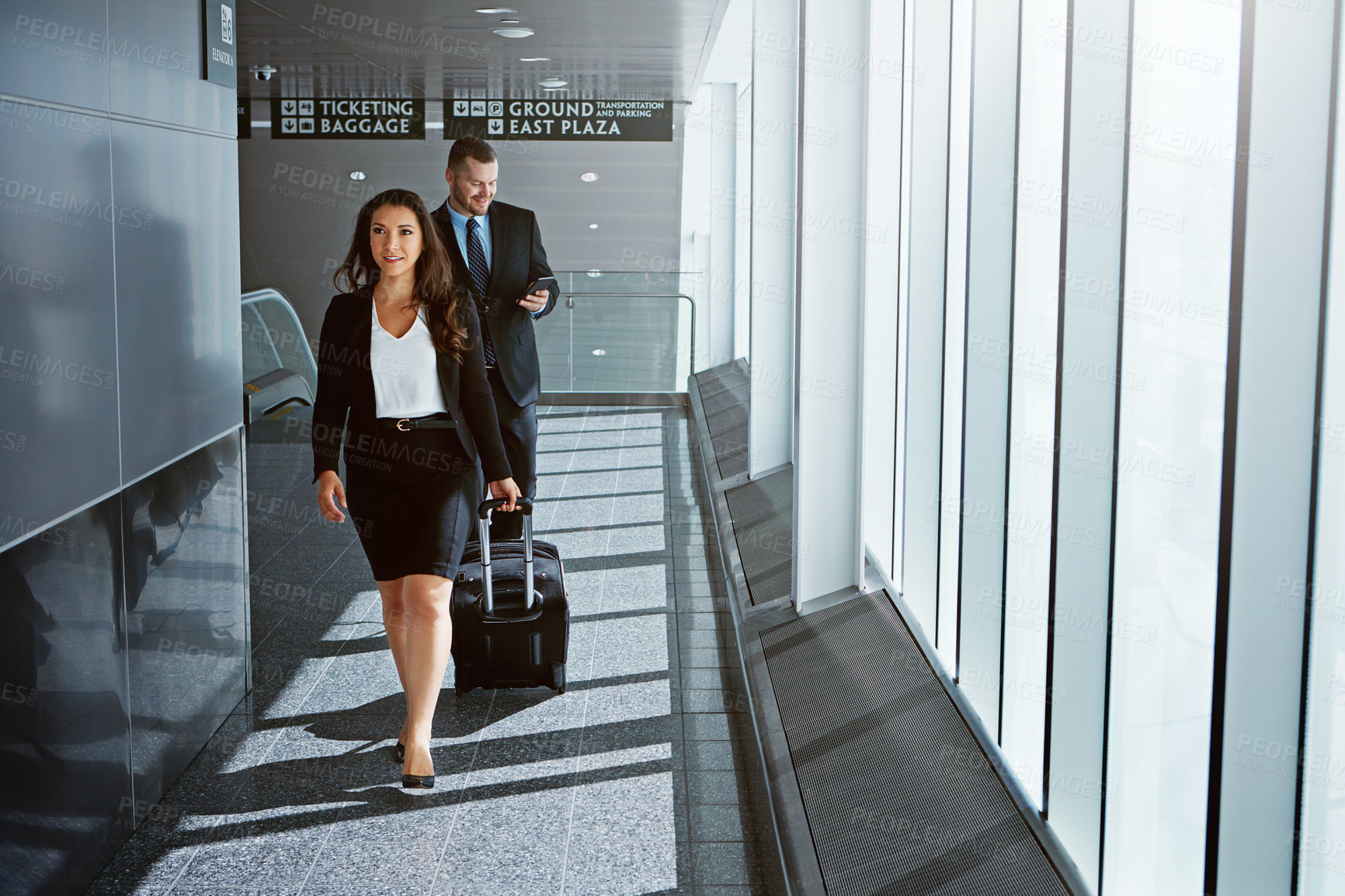 Buy stock photo Travel, walking or business people in airport with suitcase, luggage or baggage for a company trip. Lawyer, woman or corporate workers in lobby for a global journey on international flight together