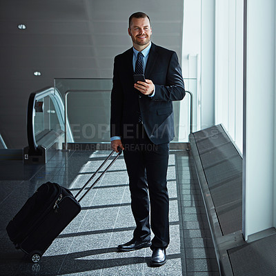 Buy stock photo Social media, thinking or business man in airport with phone, luggage or suitcase for travel booking. Happy, entrepreneur or corporate worker texting to chat on mobile app on international flight