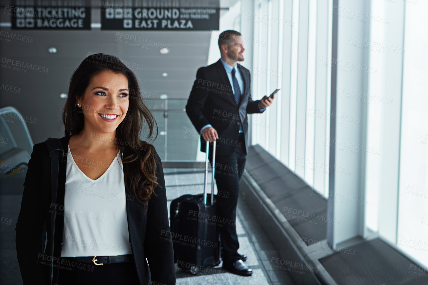 Buy stock photo Walking, happy or worker thinking in airport for business trip with smile for a booking or commute. Opportunity, pride or corporate woman in hall for holiday travel journey on international flight