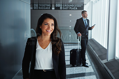 Buy stock photo Walking, happy or woman thinking in airport for business trip with smile for a booking or commute. Opportunity, pride or corporate worker in hall for holiday travel journey on international flight