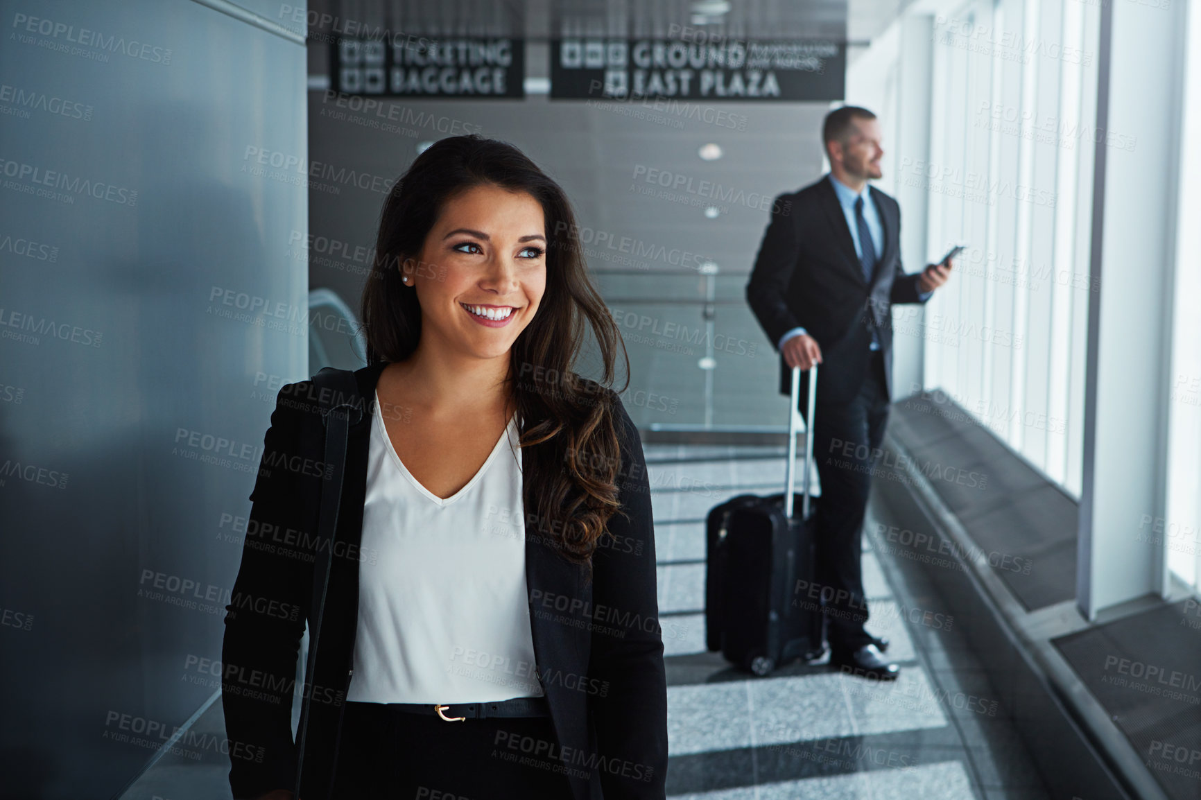 Buy stock photo Walking, happy or woman thinking in airport for business trip with smile for a booking or commute. Opportunity, pride or corporate worker in hall for holiday travel journey on international flight