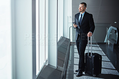 Buy stock photo Ideas, thinking or businessman in airport with phone, luggage or suitcase for travel booking. Vision, entrepreneur or corporate worker texting on social media mobile app on international flight 