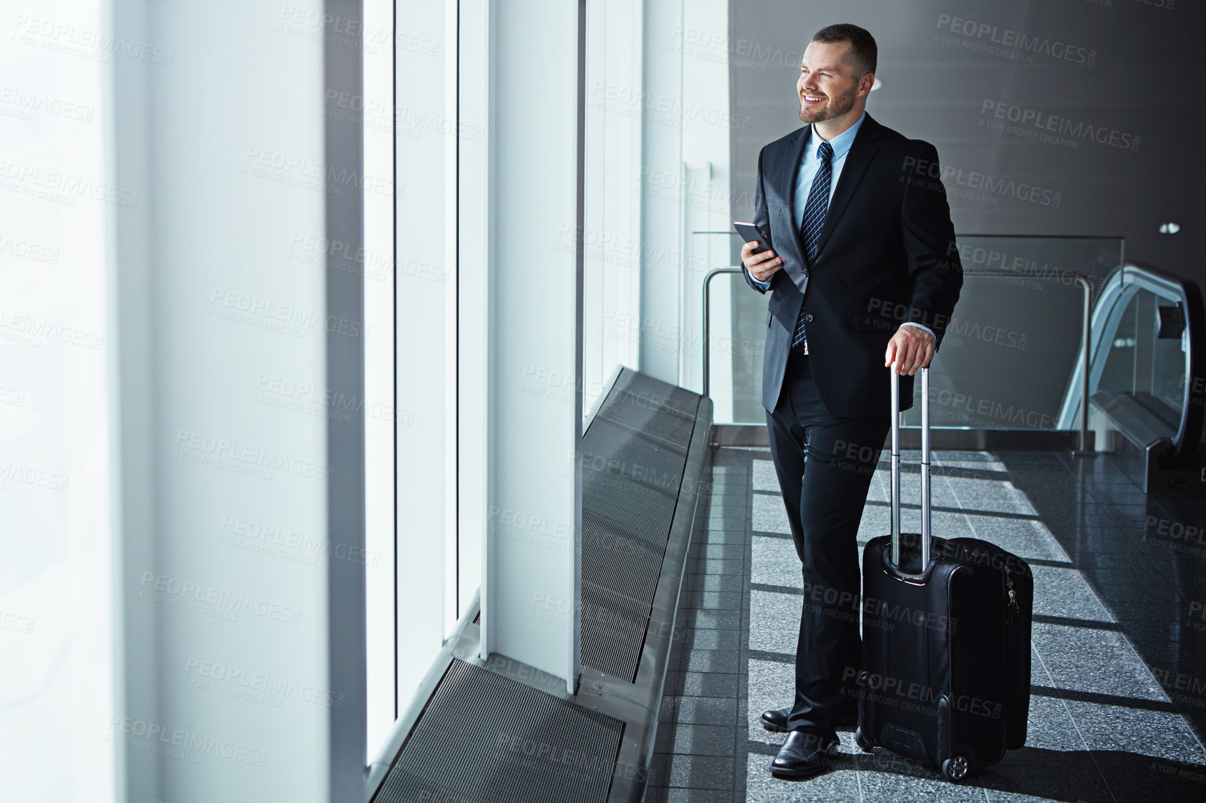 Buy stock photo Ideas, thinking or businessman in airport with phone, luggage or suitcase for travel booking. Vision, entrepreneur or corporate worker texting on social media mobile app on international flight 