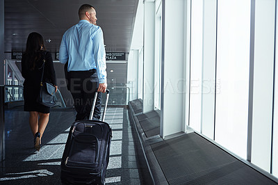 Buy stock photo Flight, walking or back of business people in airport with suitcase, luggage or baggage on company trip. Hall, plane or corporate workers in lobby on a global journey on international travel together