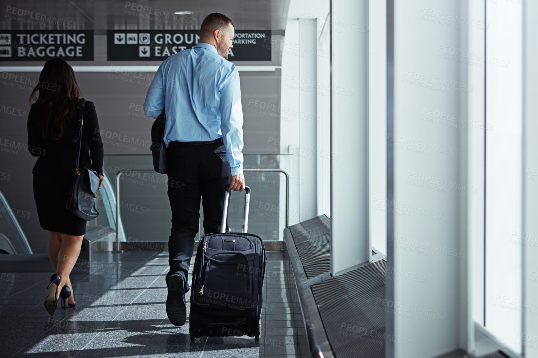 Buy stock photo Hall, walking or back of business people in airport with suitcase, luggage or baggage on company trip. Thinking, plane or corporate workers in lobby on global journey on international travel together