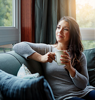 Buy stock photo Happiness, coffee and woman thinking, sofa and relax on weekend, break and female in living room. Young lady, girl and tea in lounge on couch, daydreaming and thoughts with ideas, focus and fantasy