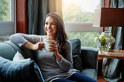 Buy stock photo Happy woman, coffee or tea and home sofa while thinking of idea, future and memory to relax. Female with a smile on living room couch drinking from a cup for positive mindset, happiness and wellness