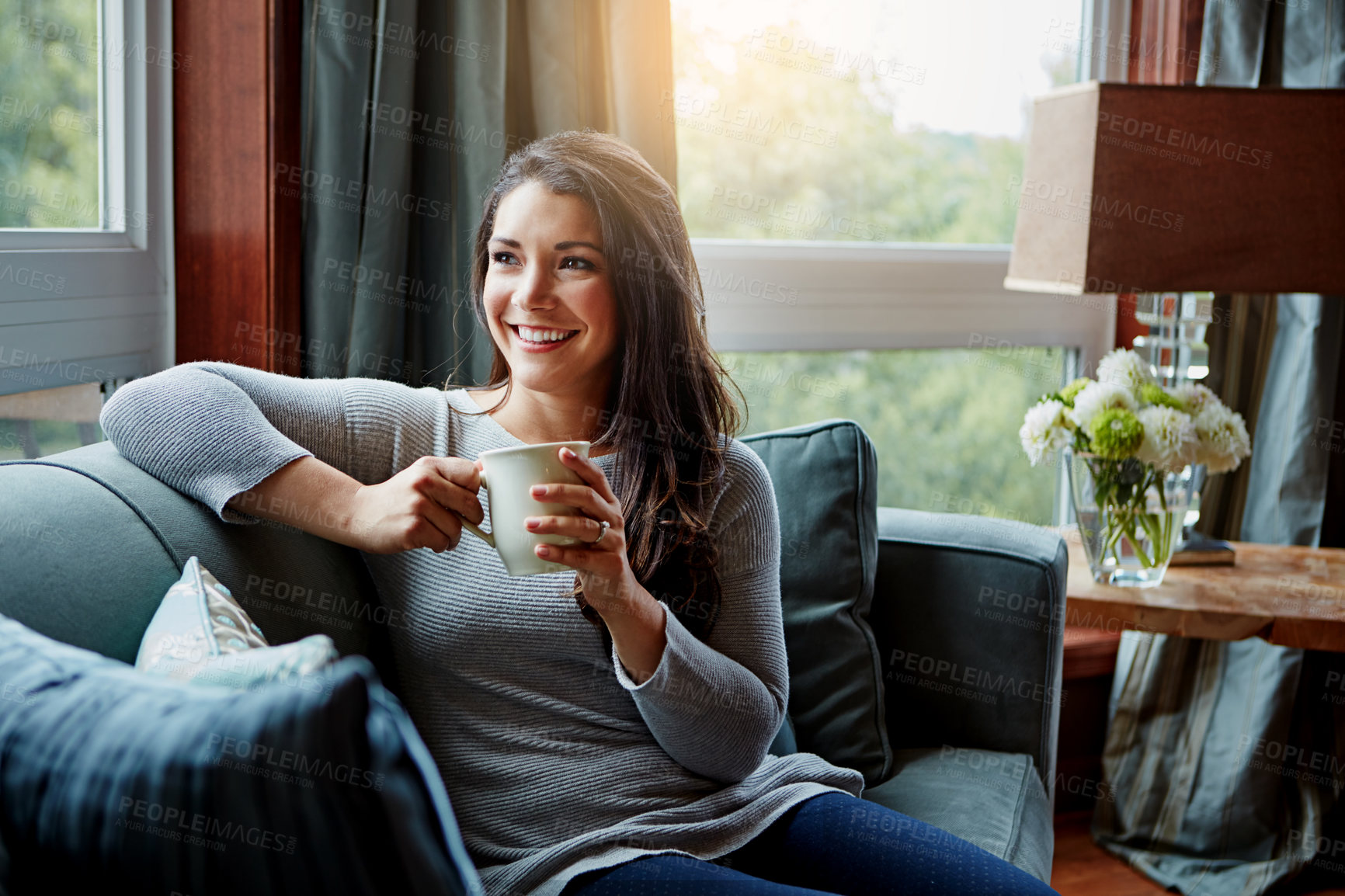 Buy stock photo Happy woman, coffee or tea and home sofa while thinking of idea, future and memory to relax. Female with a smile on living room couch drinking from a cup for positive mindset, happiness and wellness