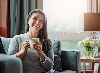Buy stock photo Coffee, woman and smile of a relax person at home on a living room sofa relaxing in the morning. Thinking, happy female and lens flare on a lounge house couch with tea feeling happiness with a mug