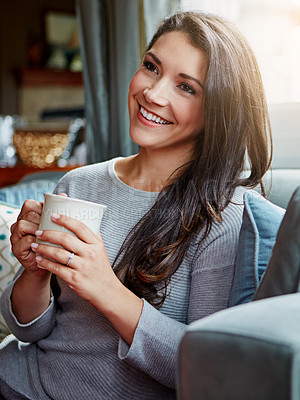 Buy stock photo Relax, coffee and woman on sofa, thinking and young female in living room, rest and weekend break. Lady, girl  on couch and tea for peace, happiness and lounge for rest, calm and cheerful with ideas