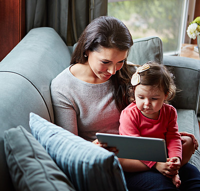 Buy stock photo Mother, baby and tablet for video call on sofa in living room for online communication or mobile virtual chat in family home. Mom smile, child and streaming web call on digital tech device on couch
