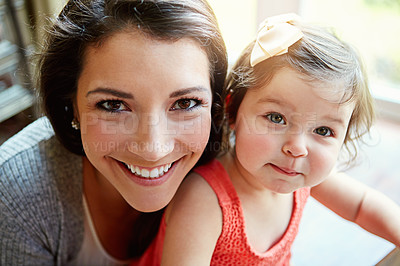 Buy stock photo Mom, toddler and girl with selfie in home for memory with care, love and connection with photography. Profile picture, mother and daughter with bonding together, relax and happy in family house