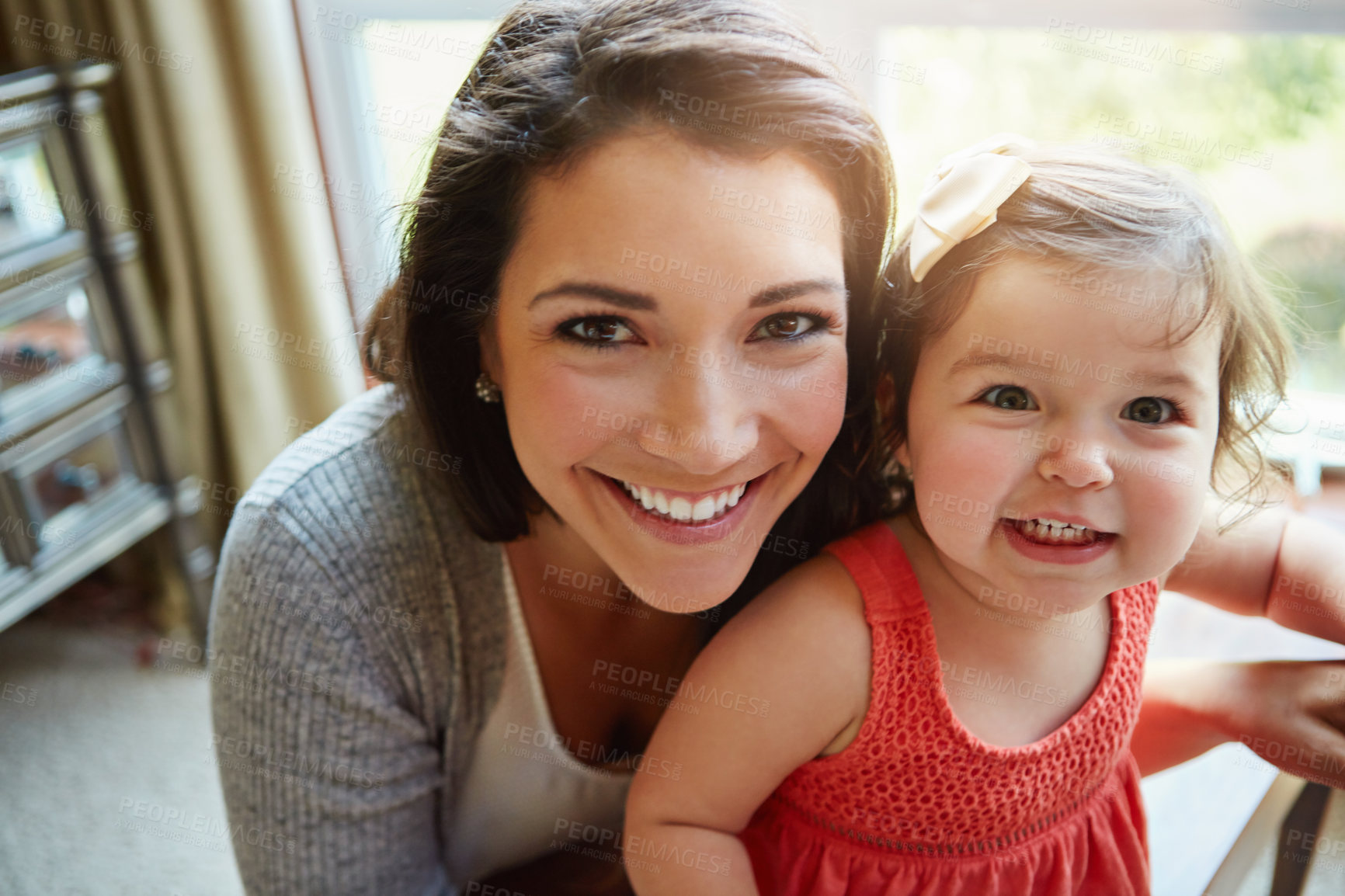 Buy stock photo Mom, toddler and girl with selfie in house for memory with care, love and connection with photography. Profile picture, mother and daughter with bonding in portrait, relax and happy in family home