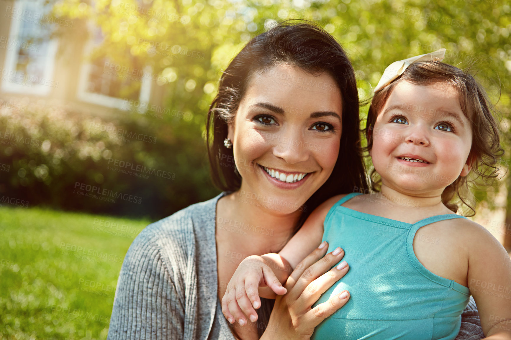Buy stock photo Backyard, mother and girl toddler with playing, child development and bonding for emotional security. Portrait, family fun and happy woman with daughter in garden, support and love for relationship