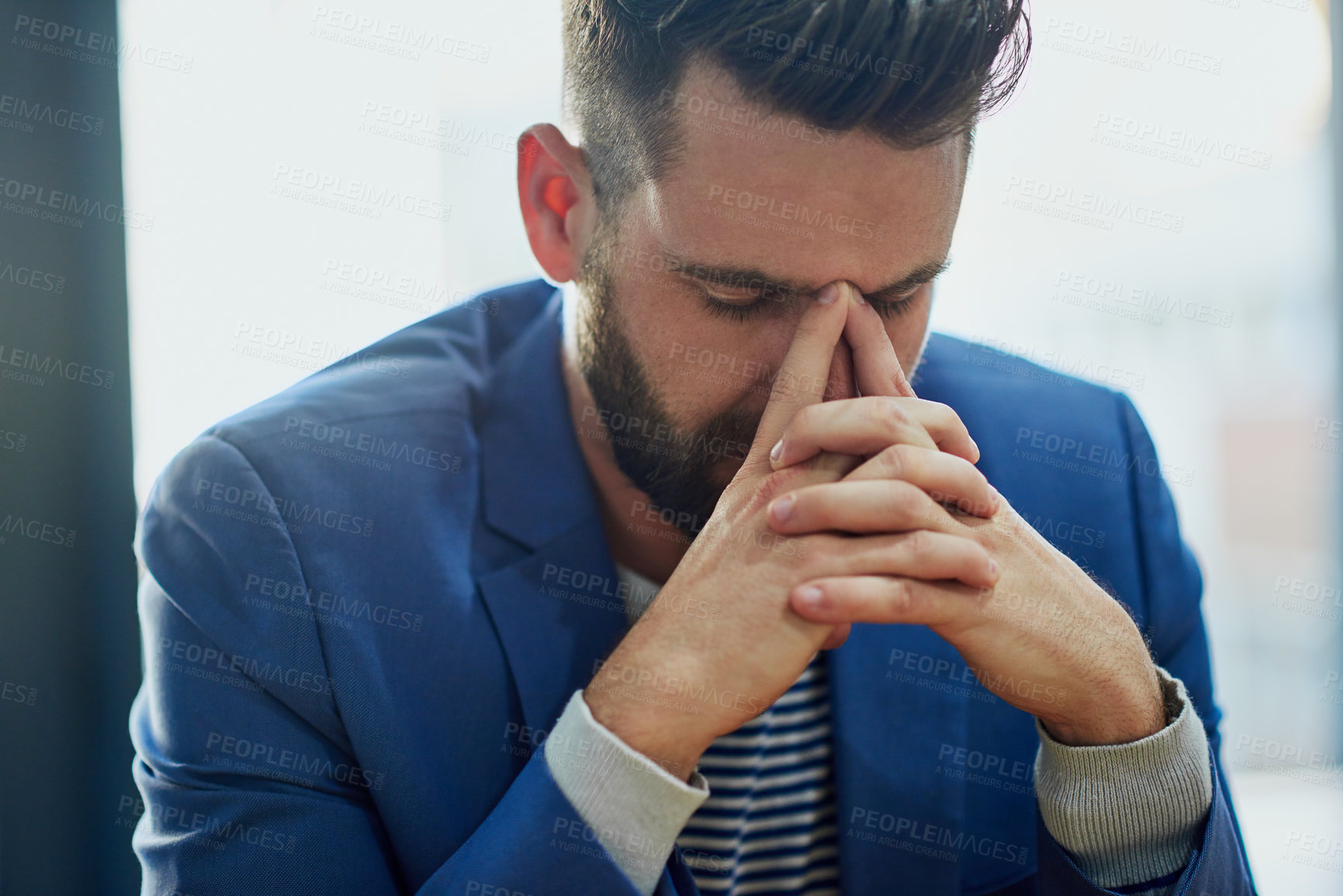 Buy stock photo Headache, stressed and businessman in office, exhausted with project error, pain or web design deadline. Frustrated, fatigue and tired man with tension, anxiety and burnout for management crisis