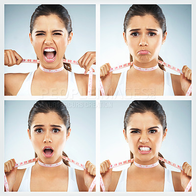 Buy stock photo Composite shot of an attractive young woman with a measuring tape wrapped around her neck against a grey background
