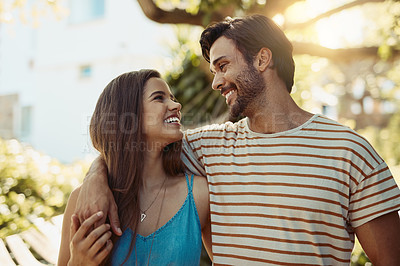 Buy stock photo Love, holiday or happy couple hug in park to date, smile or enjoy anniversary together for peace. Outdoor, romantic woman or man in nature for trust or bonding with care, support or special moment