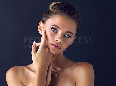 Buy stock photo Studio, portrait and woman face with beauty for skincare, wellness and pride for healthy skin with touch. Girl model, confidence and cosmetics treatment for results, glowing tone and dark background