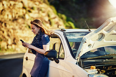 Buy stock photo Breakdown on road trip, car and woman with phone to search for help, roadside assistance and auto insurance. Emergency, transport and lady with engine problem, smartphone and text for online service.