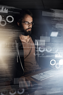 Buy stock photo Man, data and night with overlay on computer for future development, analytics or statistics at office. Male person or programmer working late on futuristic technology, hud or dashboard for analysis