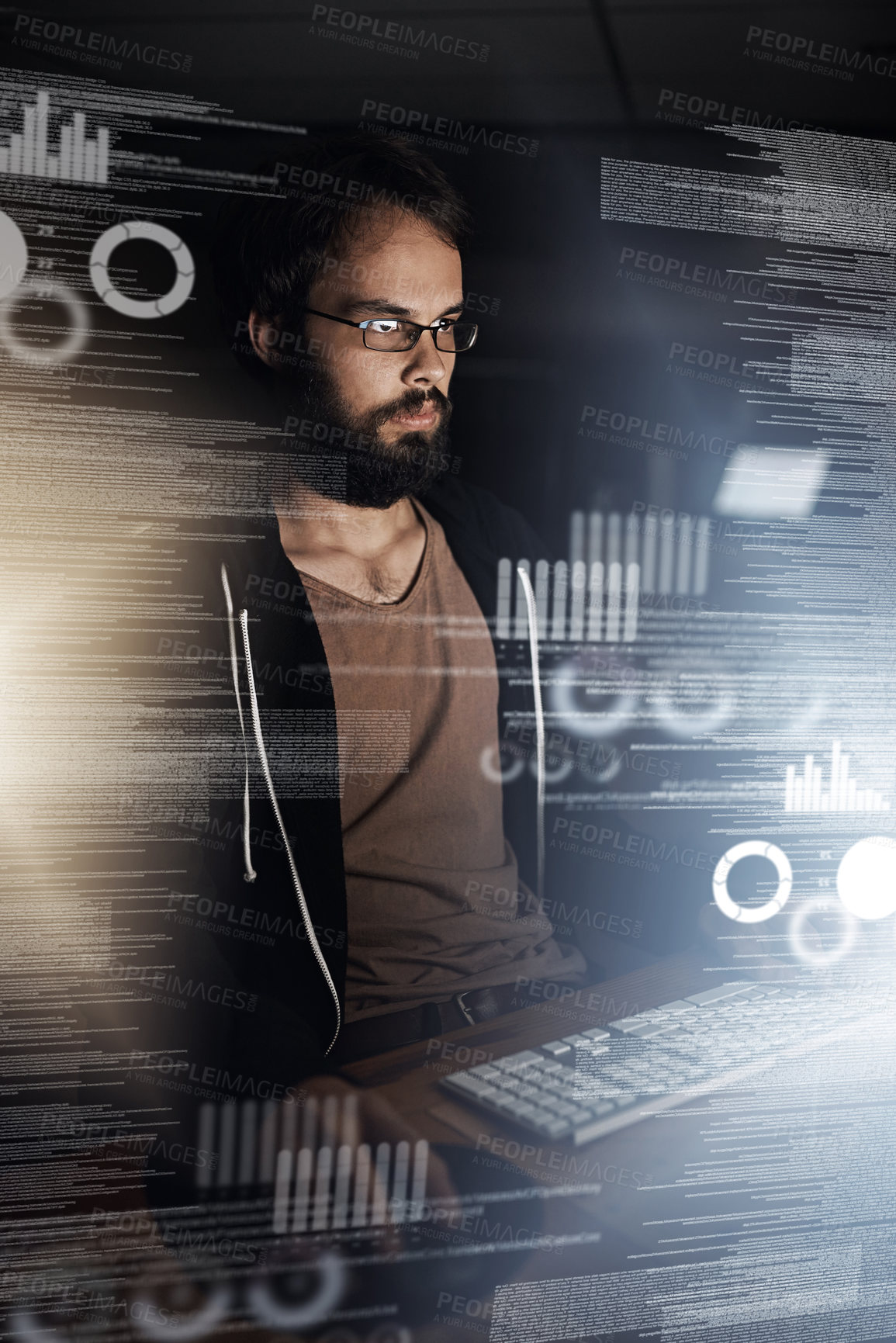 Buy stock photo Man, data and night with overlay on computer for future development, analytics or statistics at office. Male person or programmer working late on futuristic technology, hud or dashboard for analysis