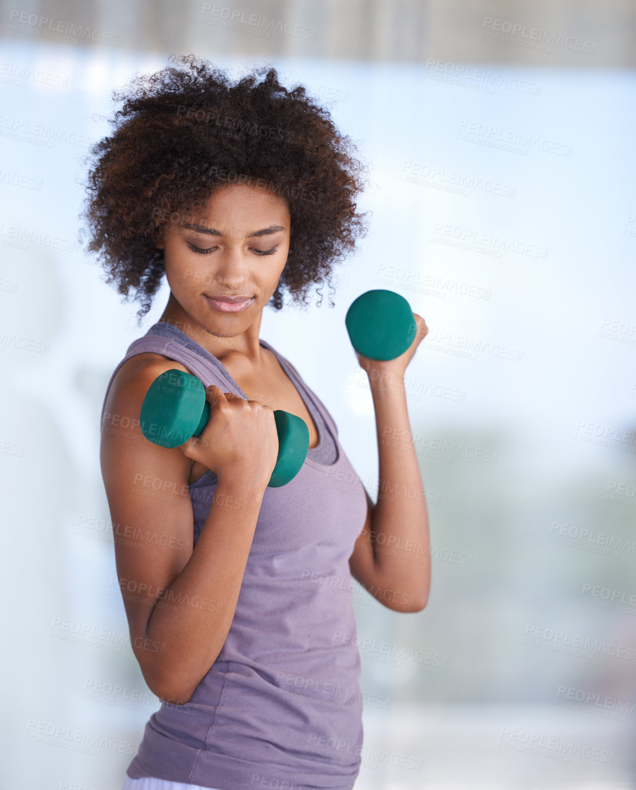 Buy stock photo Woman, workout and dumbbell for fitness, exercise and wellness with power, resilience and strength. Strong, young and African person with training gear, weightlifting and muscle health at her home