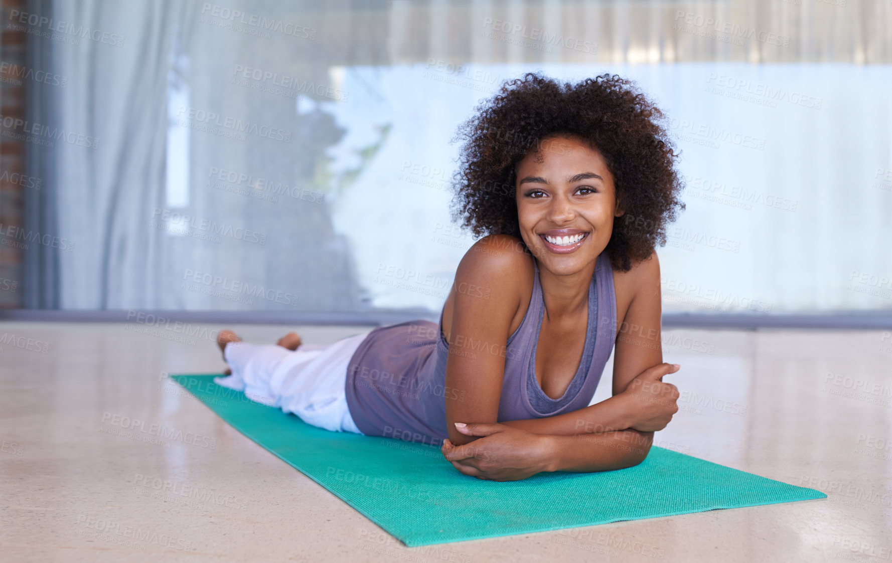 Buy stock photo Fitness, relax and portrait of black woman on mat in home for yoga, exercise and body care. Smile, wellness and girl lying on floor for pilates, workout or break from muscle training with happiness.