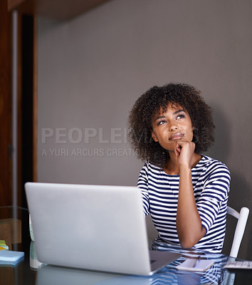 Buy stock photo Laptop, thinking and woman with ideas for online learning, university choice or education vision in remote opportunity. Young african person or creative student for inspiration or decision on college