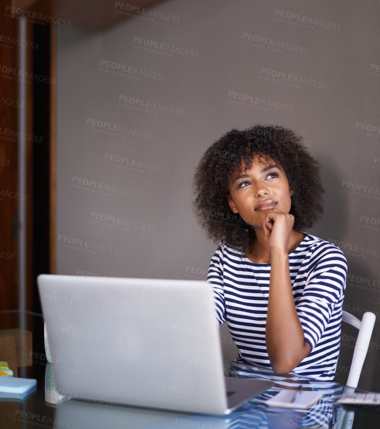 Buy stock photo Laptop, thinking and woman with ideas for online learning, university choice or education vision in remote opportunity. Young african person or creative student for inspiration or decision on college