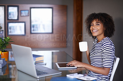 Buy stock photo Laptop, tablet and portrait of woman with coffee for work from home opportunity, freelancer career and happy job. Face of young African person on multimedia or digital project and tea for inspiration
