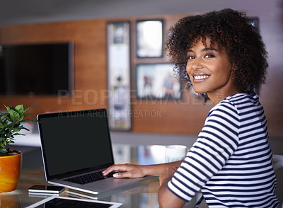 Buy stock photo Laptop, portrait and woman for work from home opportunity, creative freelancer career and happy job mindset. Face of young African person or remote worker smile while working on computer screen
