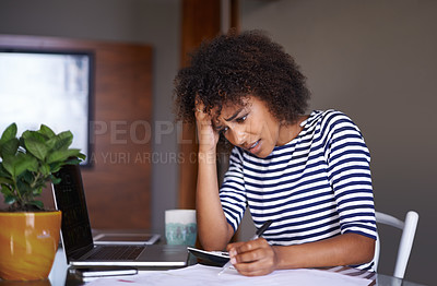 Buy stock photo Woman, finance and thinking of problem at home, table with documents for tax and calculating debt. African female person, bills and stress of online payment report, budget and planning with worry