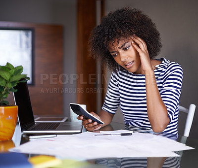 Buy stock photo Woman, finance and thinking of stress at home, table with documents for tax and calculating debt. African female person, debit bill for online payment report, budget or planning for accounting audit