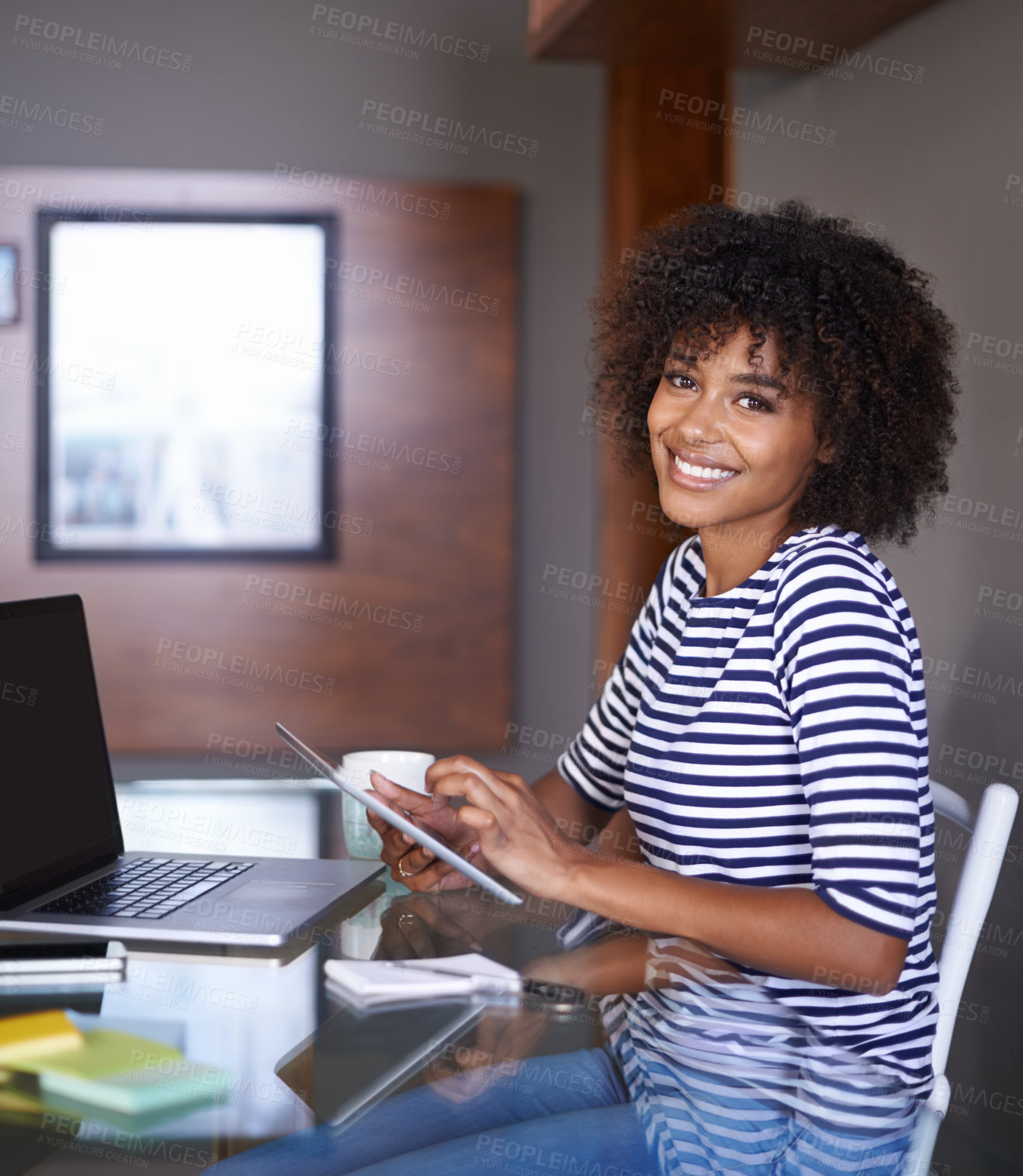 Buy stock photo Technology, tablet and portrait of woman in work from home opportunity, multimedia freelancer career and happy job. Face of young African person on digital software for project planning and research