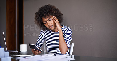 Buy stock photo Woman, finance and thinking of stress at home, table with documents for tax and calculating debt. African female person, bills and vision of online payment report, budget and planning with worry