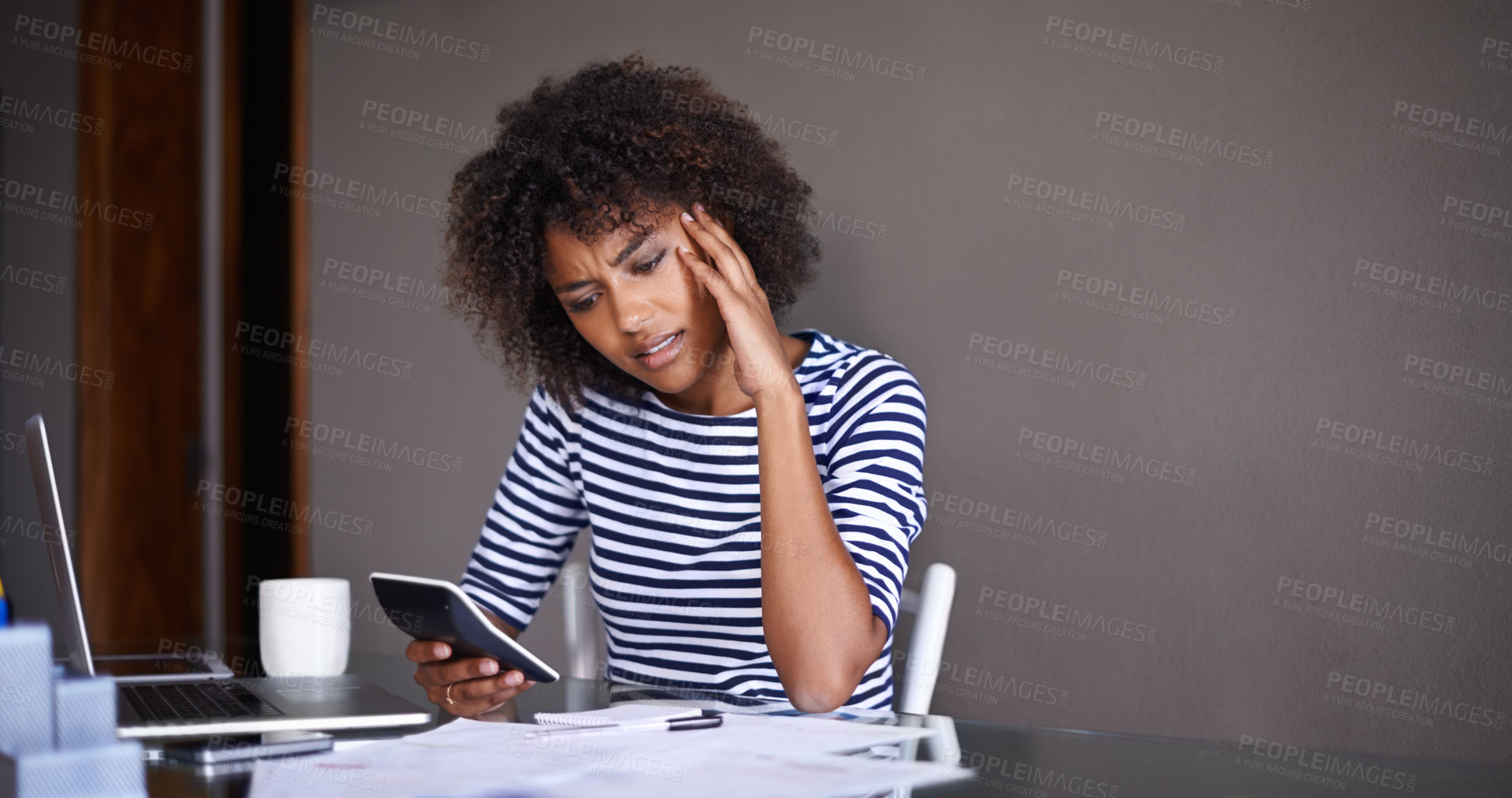 Buy stock photo Woman, finance and thinking of stress at home, table with documents for tax and calculating debt. African female person, bills and vision of online payment report, budget and planning with worry