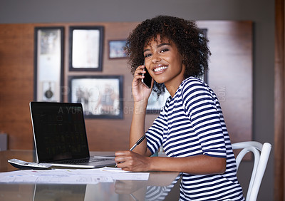 Buy stock photo Laptop, phone call and woman in portrait of work from home communication, finance advice and productivity at desk. African person talking on cellphone for loan, taxes and writing with computer screen