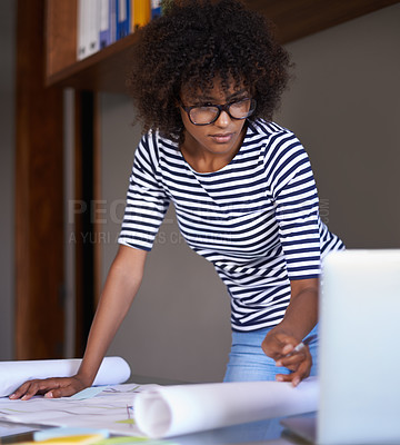 Buy stock photo Blueprint, focus and designer woman on laptop in digital planning, project brainstorming and focus. African person on floor plan or architecture documents for problem solving or solution on computer
